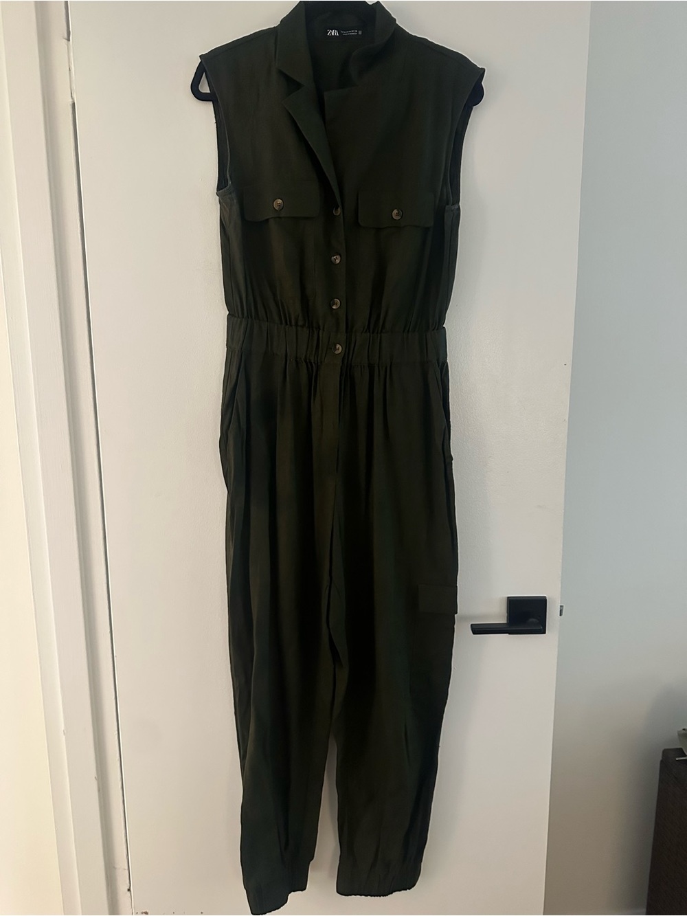 Zara Olive Green Sleeveless Utility Jumpsuit
